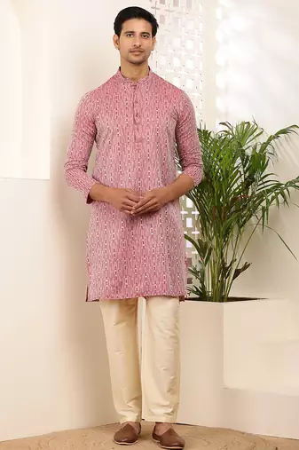 Men's pink printed viscose blend kurta for festive occasions