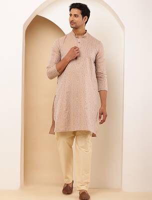 Men's light peach cotton kurta with subtle embroidery 1