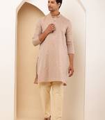 Men's light peach cotton kurta with subtle embroidery