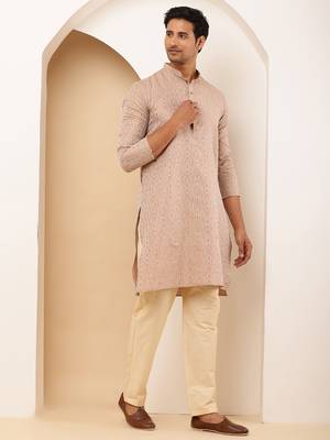 Men's light peach cotton kurta with subtle embroidery 2