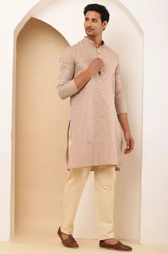 Men's light peach cotton kurta with subtle embroidery