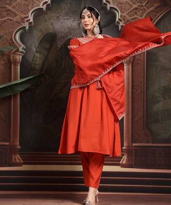 orange silk blend kurta dupatta pant set 1