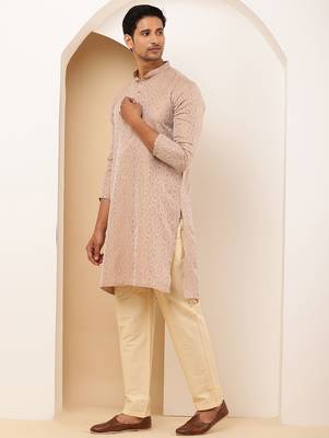 Men's light peach cotton kurta with subtle embroidery 3