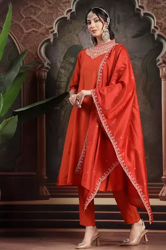 orange silk blend kurta dupatta pant set