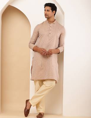 Men's light peach cotton kurta with subtle embroidery 4