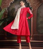 pink dori embroidery a-line kurta trouser dupatta set