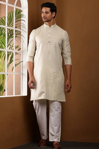 Men's beige cotton kurta with self-woven design and straight hem