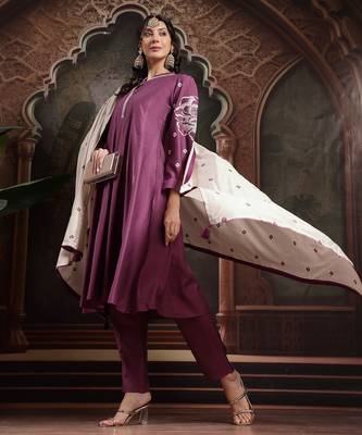 purple dori embroidery a-line kurta trouser dupatta set 1
