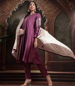 purple dori embroidery a-line kurta trouser dupatta set
