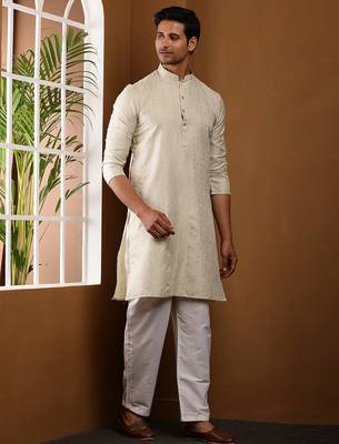 Men's beige cotton kurta with self-woven design and straight hem 2