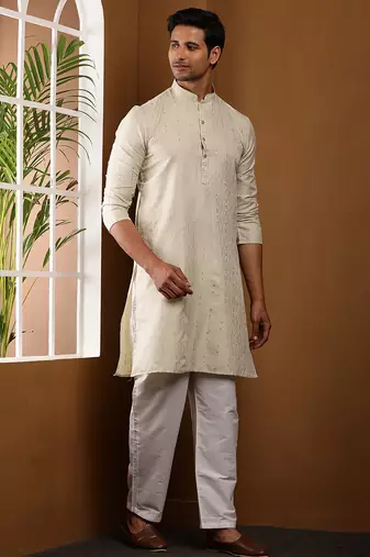 Men's beige cotton kurta with self-woven design and straight hem