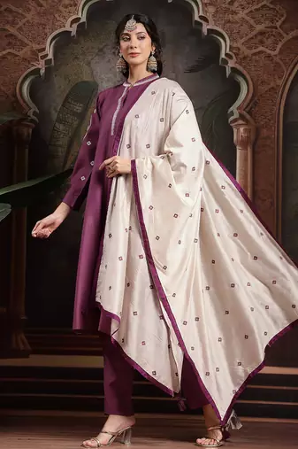 purple dori embroidery a-line kurta trouser dupatta set