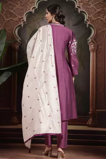 purple dori embroidery a-line kurta trouser dupatta set