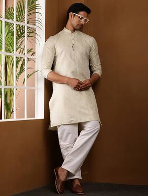 Men's beige cotton kurta with self-woven design and straight hem 3