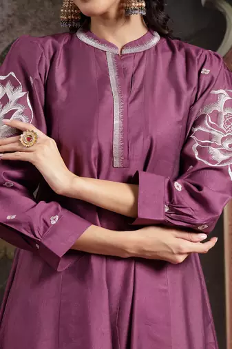 purple dori embroidery a-line kurta trouser dupatta set