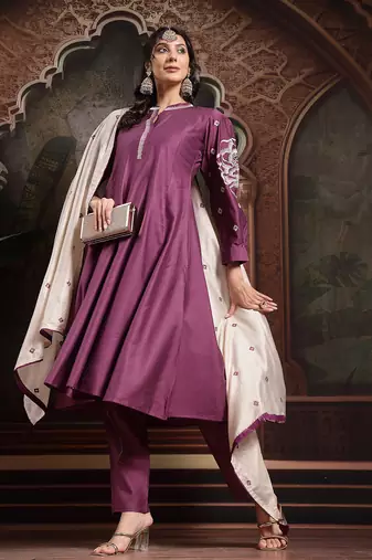 purple dori embroidery a-line kurta trouser dupatta set