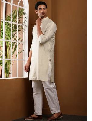 Men's beige cotton kurta with self-woven design and straight hem 4