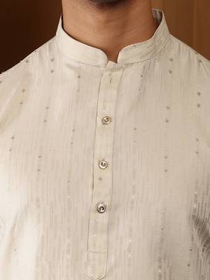 Men's beige cotton kurta with self-woven design and straight hem 5