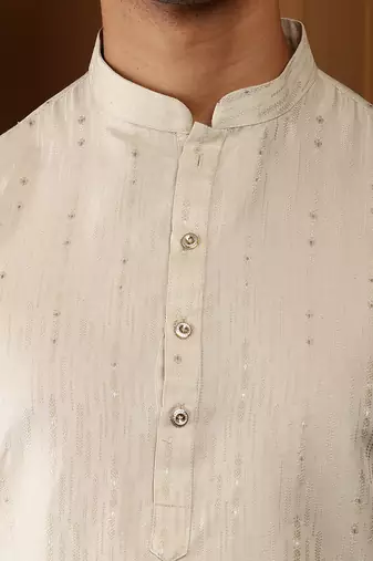 Men's beige cotton kurta with self-woven design and straight hem
