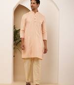 Men's coral peach viscose blend kurta with mandarin collar