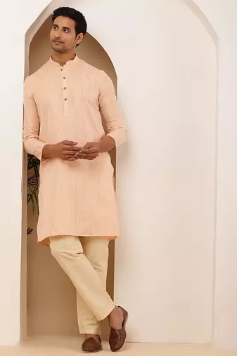Men's coral peach viscose blend kurta with mandarin collar