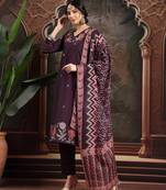 purple kantha work straight kurta trouser dupatta set have a lining kurta