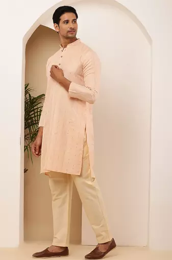 Men's coral peach viscose blend kurta with mandarin collar