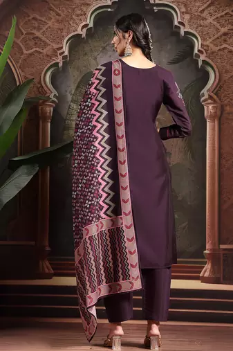 purple kantha work straight kurta trouser dupatta set have a lining kurta