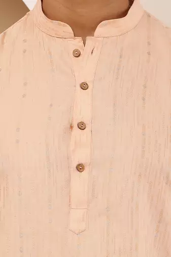 Men's coral peach viscose blend kurta with mandarin collar