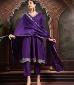 purple embroidered a-line kurta trouser dupatta set
