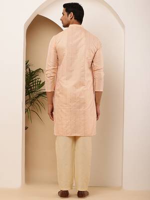 Men's coral peach viscose blend kurta with mandarin collar 5
