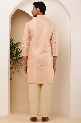 Men's coral peach viscose blend kurta with mandarin collar
