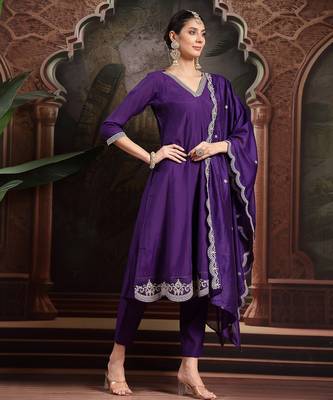purple embroidered a-line kurta trouser dupatta set 2