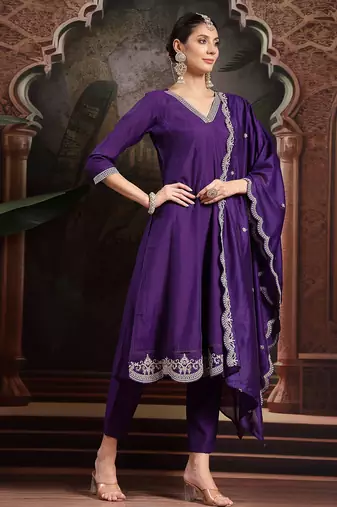 purple embroidered a-line kurta trouser dupatta set