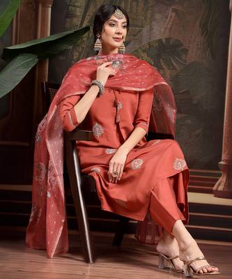 rust zari work a-line kurta trouser dupatta set 1