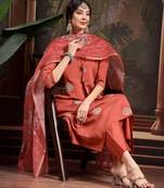 rust zari work a-line kurta trouser dupatta set