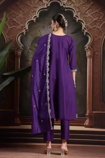 purple embroidered a-line kurta trouser dupatta set