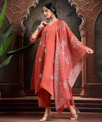 rust zari work a-line kurta trouser dupatta set 2