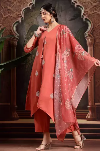 rust zari work a-line kurta trouser dupatta set