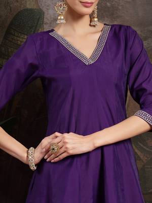 purple embroidered a-line kurta trouser dupatta set 4