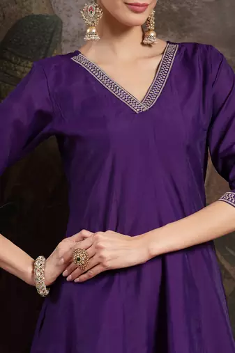 purple embroidered a-line kurta trouser dupatta set
