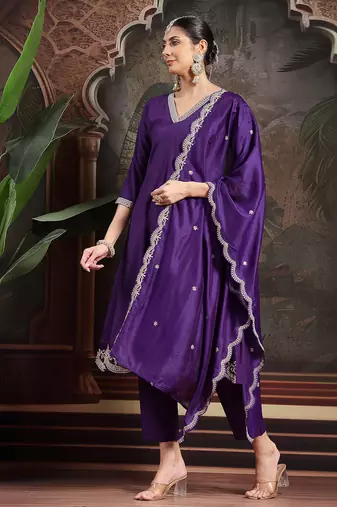 purple embroidered a-line kurta trouser dupatta set