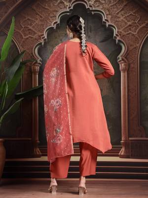 rust zari work a-line kurta trouser dupatta set 3
