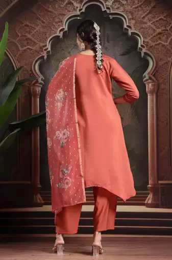 rust zari work a-line kurta trouser dupatta set