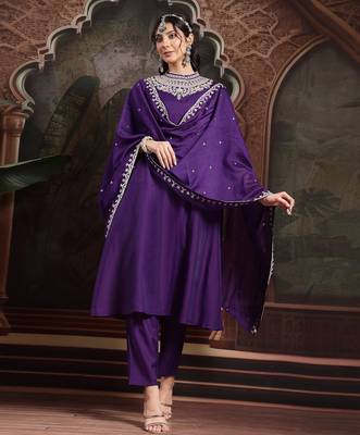 purple dori embroidery a-line kurta trouser dupatta set 1