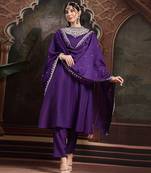 purple dori embroidery a-line kurta trouser dupatta set