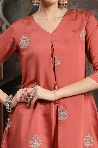 rust zari work a-line kurta trouser dupatta set
