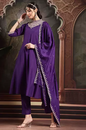 purple dori embroidery a-line kurta trouser dupatta set