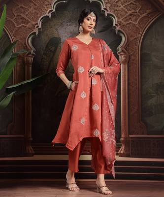 rust zari work a-line kurta trouser dupatta set 5