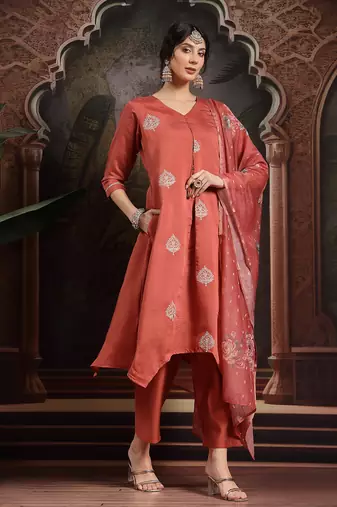 rust zari work a-line kurta trouser dupatta set